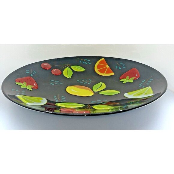 Large 16" Round Platter Vibrant Fused Glass Citrus & Cherry on Black Background - Picture 6 of 8